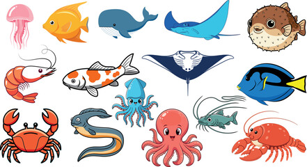 Collection of colorful cartoon sea creatures on a white background