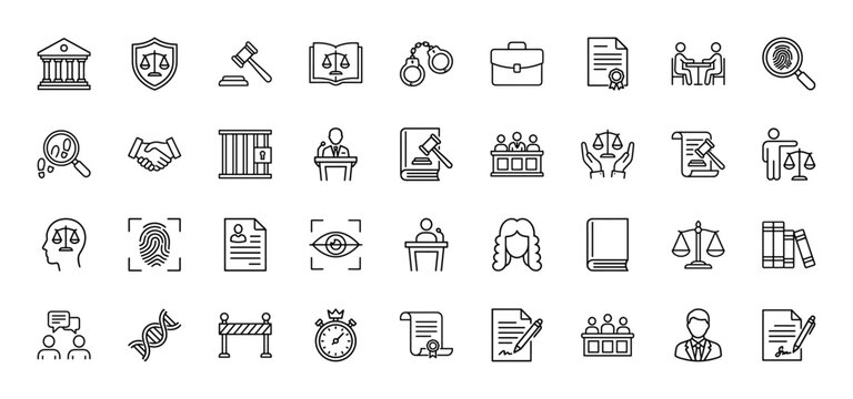 Law and justice line icon set. Vector pictograms of scales of justice, gavel, handcuffs, courthouse, lawyer, documents, fingerprint, jury, witness, camera, thin linear illustration.