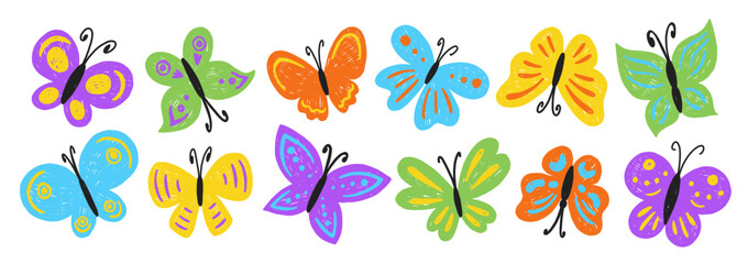 Set of doodle butterflies with crayon, pastel or chalk texture. Simple childish illustration for kids, spring or summer. © Arina