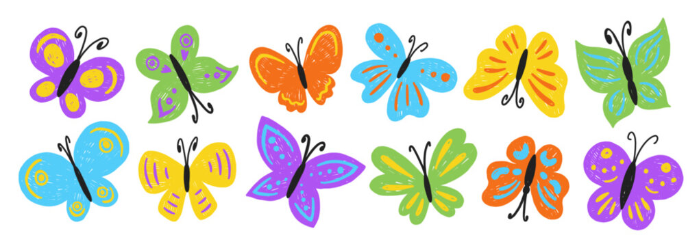 Set of doodle butterflies with crayon, pastel or chalk texture. Simple childish illustration for kids, spring or summer.