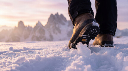 Experience the thrill of hiking through fresh snow with stunning mountains at sunrise. Perfect for outdoor travel blogs or adventure-themed promotions.