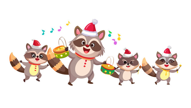 Cartoon Christmas raccoon playing a glowing drum while leading a cheerful woodland parade of animals