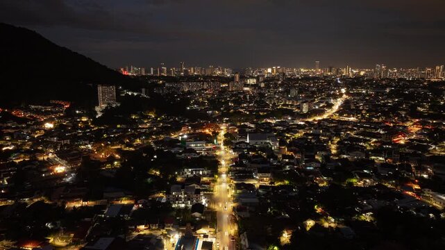 twilight time illumination penang island george town cityscape aerial panorama 4k timelapse malaysia