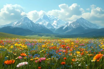 A breathtaking view of vibrant wildflowers in a lush meadow, framed by majestic snow-capped mountains and a clear blue sky, conveying a sense of peace and natural beauty.