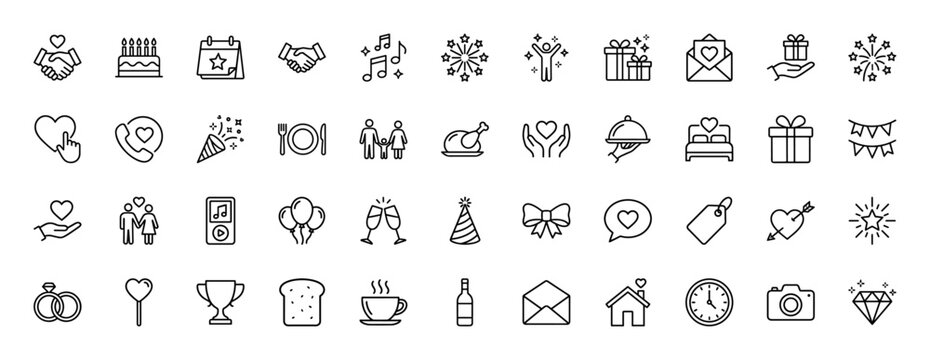 Celebration and relationship line icon set. Vector pictograms of birthday cake, gifts, fireworks, engagement rings, loving hearts, balloons, and dining elements, thin linear illustration.