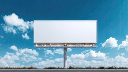 Billboard against a bright, cloudy blue sky, view at road level