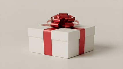 White rectangular gift box with vibrant red ribbon bow isolated on clean white background for various occasions