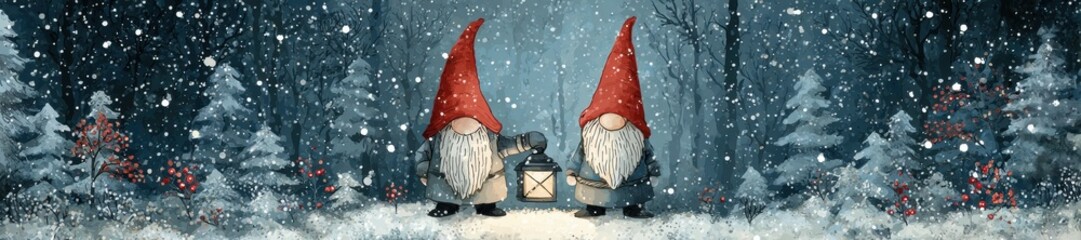 Naklejka premium Christmas gnomes walking in snowy winter forest with a lantern