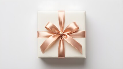 A perfectly wrapped elegant gift box with a beautiful rose gold ribbon and bow sitting gracefully on a clean white background