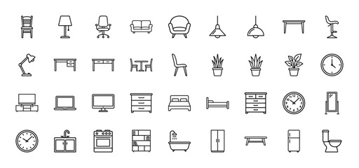 Fototapeta premium Household furniture and appliance line icon set. Vector pictograms of sofas, beds, chairs, tables, clocks, plants, refrigerators, and washing machines, thin linear illustration.