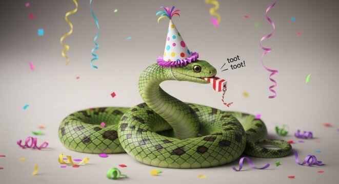 Green snake wearing a birthday party hat with the message "toot toot" - Powered by Adobe