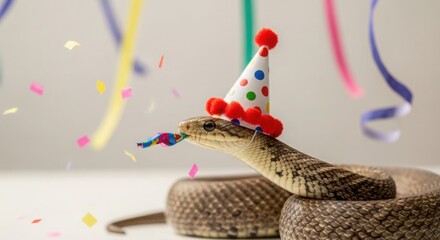 Fototapeta premium Funny birthday snake with a party hat and confetti