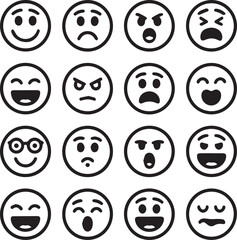 A collection of sixteen different black and white emoji faces with varying emotions