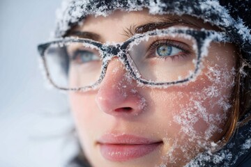 Woman with frosted glasses exploring cold winter outdoors