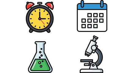 Vector illustration of alarm clock, calendar, flask, and microscope isolated on