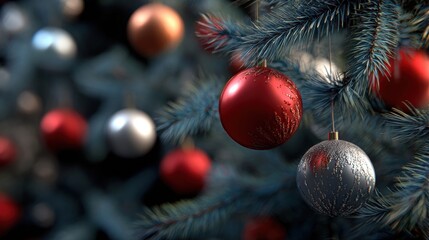 Christmas tree branches decorated with red and silver ornaments