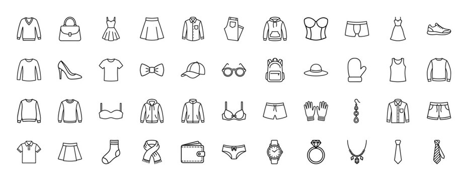 Fashion and apparel line icon set. Vector pictograms of clothing, footwear, underwear, headwear, bags, jewelry, and accessories, thin linear illustration.