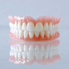 Obraz premium Bright white minimalistic macro shot of a lower denture, showcasing clean details and reflections, emphasizing dental hygiene and oral care in a pristine setting