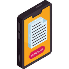 Pixel Art Isometric Smartphone Displaying Document and Translate Button with Orange Screen and Dark Gray Casing Against Transparent Background