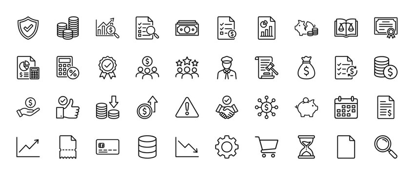 Business, finance, and legal icon set. Vector pictograms of money, coins, documents, charts, security, law, certificate, piggy bank, credit card, receipt, and hourglass, thin linear illustration.