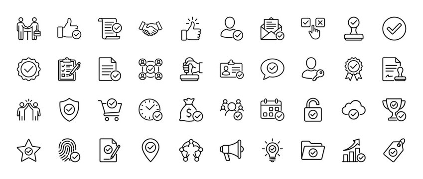 Verification and approval line icon set. Vector pictograms of documents, users, handshakes, timestamps, security shields, shopping carts, and cloud storage, thin linear illustration.
