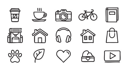 Fototapeta premium Line Art Icon Collection Featuring Coffee Travel Backpack Home and More