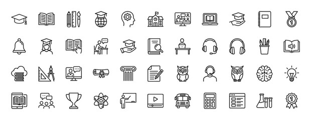 Education line icon set. Vector pictograms of school, graduation cap, book, laptop, student, headphones, online course, brain, lightbulb, and scroll, thin linear illustration.
