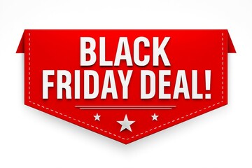 Bold red black friday deal banner with white text and star embellishments on a white background