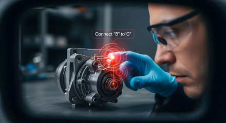 Technician inspecting machinery component with digital interface in industrial setting