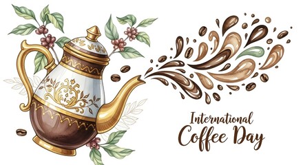 Elegant vintage coffee pot with golden accents and coffee splashes, surrounded by coffee beans and branches, celebrating international coffee day, isolated on white background