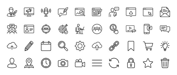 Web and marketing icon set. Vector pictograms of content, communication, analytics, social media, strategy, profile, email, cloud, and settings, thin linear illustration.