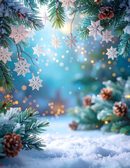 Snow-covered spruce branches are adorned with golden snowflakes and soft lights. Warm bokeh lights shimmer in the background, creating a wintry, magical holiday atmosphere.