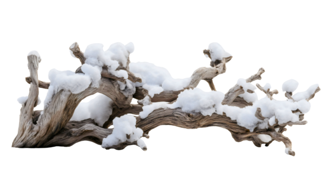 A gnarly driftwood branch covered in snow isolated on a white background, an old frozen tree log for winter decoration, a rustic wood texture, a cold nature object close-up.