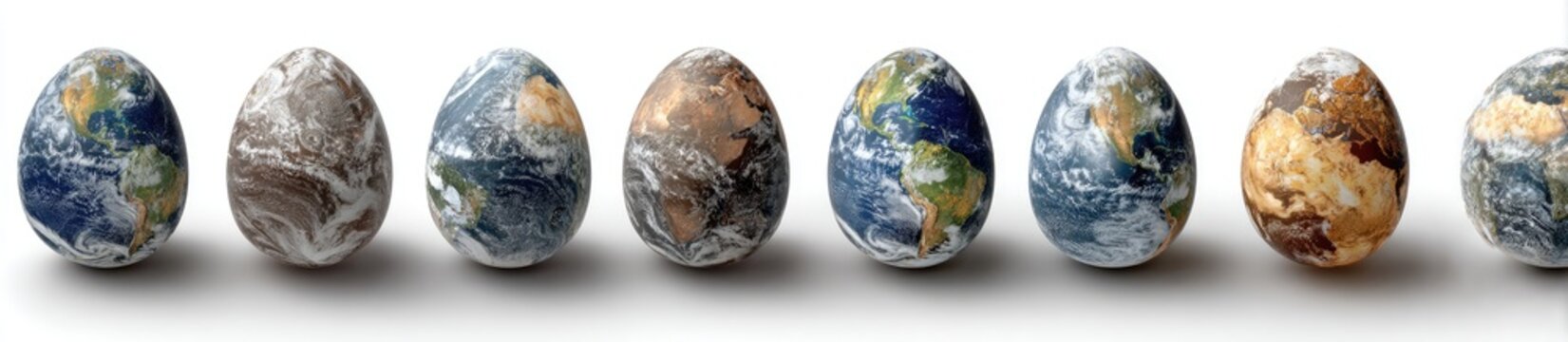 Earth depicted in egg shape in varied, damaged states