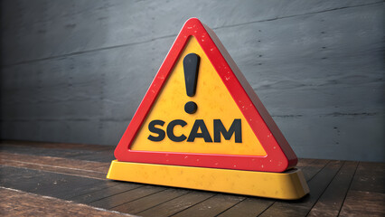 Beware of fraud with this warning sign indicating scam alert on a wooden surface, urging vigilance against online or financial deception