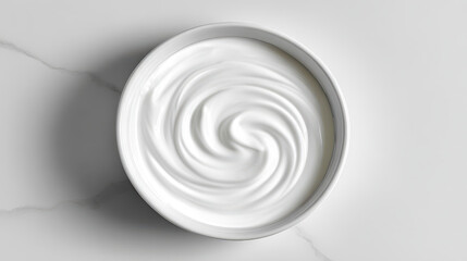 Obraz premium Swirled white cream or yogurt in a round bowl on a light gray marble countertop, showcasing smooth texture and glossy appearance