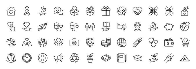 Charity and donation line icon set. Vector pictograms of ribbon, hearts, hands, gifts, globe, wallet, stethoscope, and tent, thin linear illustration.