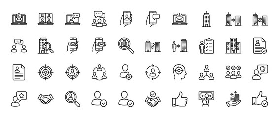 Human resources and recruitment line icon set. Vector pictograms of people, laptops, smartphones, buildings, documents, targets, handshakes, money, and growth, thin linear illustration.