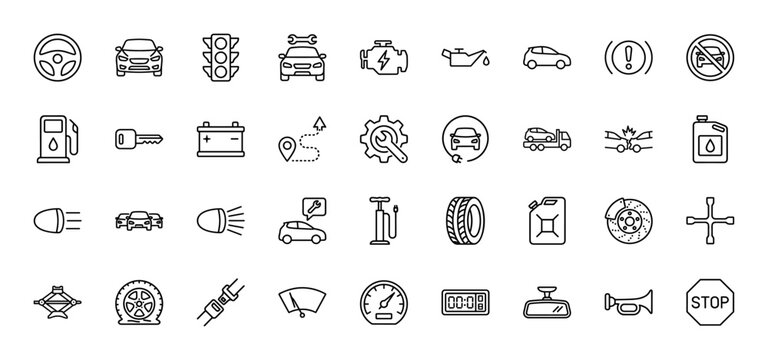 Automotive line icon set. Vector pictograms of car, engine, steering wheel, battery, gas pump, brake disc, tire, car key, crash, and repair services, thin linear illustration. - Powered by Adobe