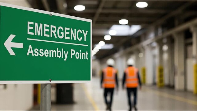 Green Emergency Assembly Point Sign with Blurred Workers in Industrial Warehouse Safety