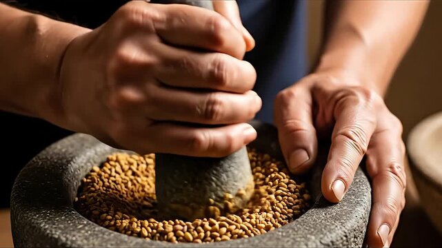 Hands grinding fenugreek seeds in stone mortar pestle traditional spice preparation close up