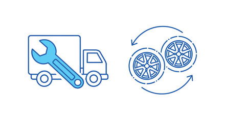 Vector illustration of car service and tire fitting, truck with wrench