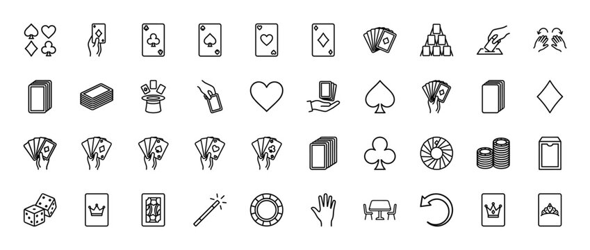 Gambling and magic line icon set. Vector pictograms of playing cards, dice, casino chips, magic hat, and hands, thin linear illustration.