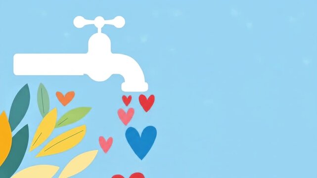 A white faucet pours blue water onto vibrant leaves and red hearts against a skyblue bright backdrop
