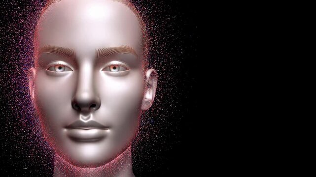 Digital Human Face with Particle Effects in Dark Background
