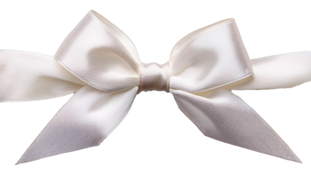A symmetrical white satin ribbon is tied into a bow with pointed ends, showing the fabrics shiny texture and folds.