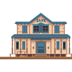 Pixel Art Western Style Bank Building with Light Brown Wood Exterior and Blue Shutters Transparent Background