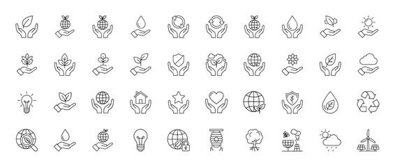 Ecology and sustainability line icon set. Vector pictograms of hands holding globe, plant, leaf, water drop, sun, recycling symbol, and renewable energy, thin linear illustration.