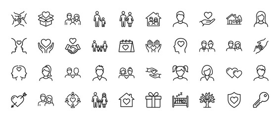 Obraz premium Family and relationships line icon set. Vector pictograms of couples, parents, children, hands, hearts, home, people, love, and care, thin linear illustration.