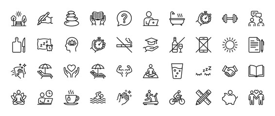 Wellness and lifestyle line icon set. Vector pictograms of reading, meditation, fitness, work, sleep, relaxation, and healthy habits, thin linear illustration.